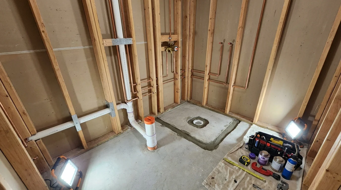 Bathroom rough-in plumbing during remodel by Johns Plumbing LLC in Fall Creek