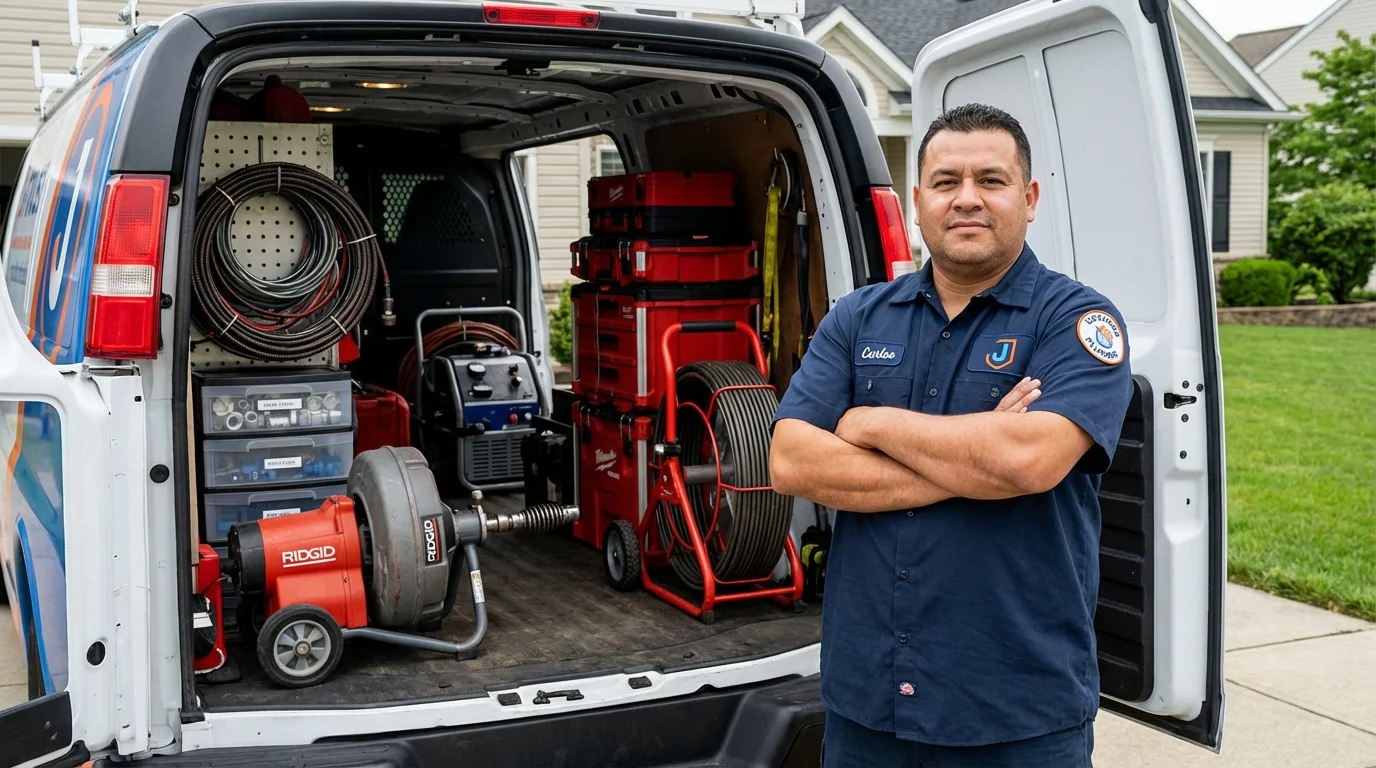 Professional drain cleaning equipment and Johns Plumbing LLC plumber in Fall Creek