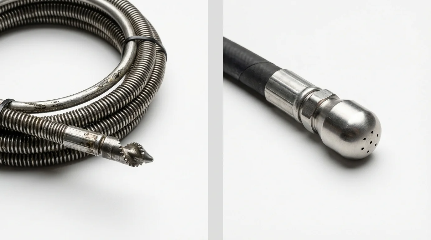 Drain snake cable and hydro jetting nozzle used for drain cleaning in Fall Creek, WI