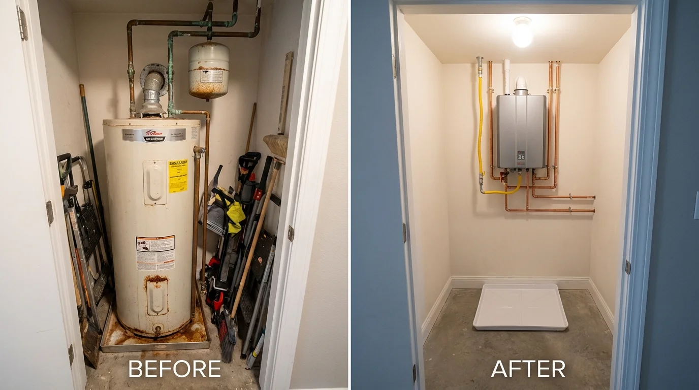 Tank water heater versus wall-mounted tankless unit comparison for Fall Creek, WI homeowners