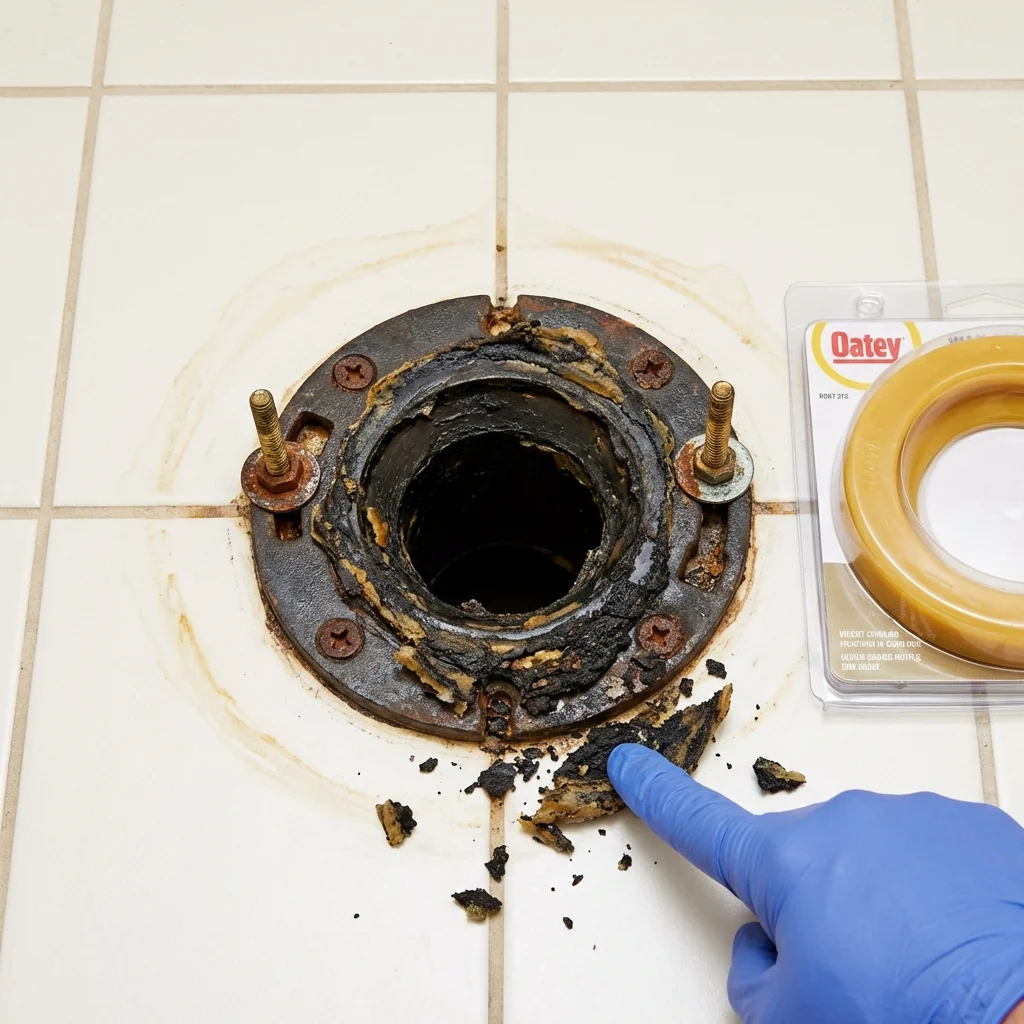 Failed wax ring showing water seepage at the base of a toilet in a Fall Creek, WI home