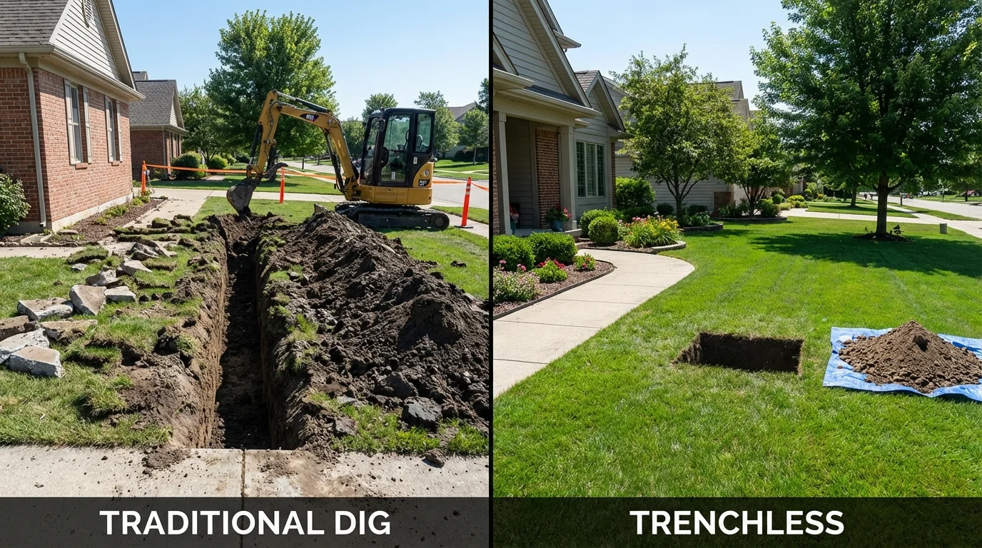 Trenchless sewer repair with minimal yard damage versus traditional excavation in Fall Creek, WI