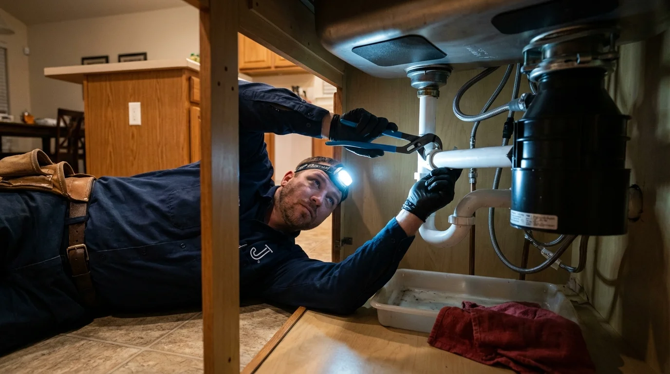 P-trap and supply line connections under a kitchen sink showing a common leak point in Fall Creek, WI